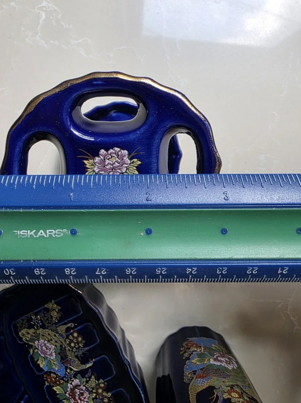 VIntage JAPANESE THREE PEICE Cobalt Blue PEACOCK & Floral Porcelain BATHROOM Set